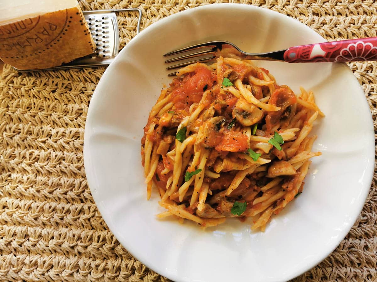 Vegan Genovese mushroom ragu with pasta.